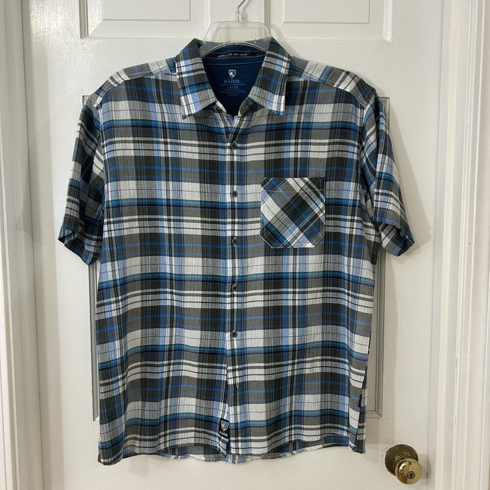 KUHL Shirt Mens L Blue White Plaid Short Sleeve Organic Cotton Outdoor Button Up